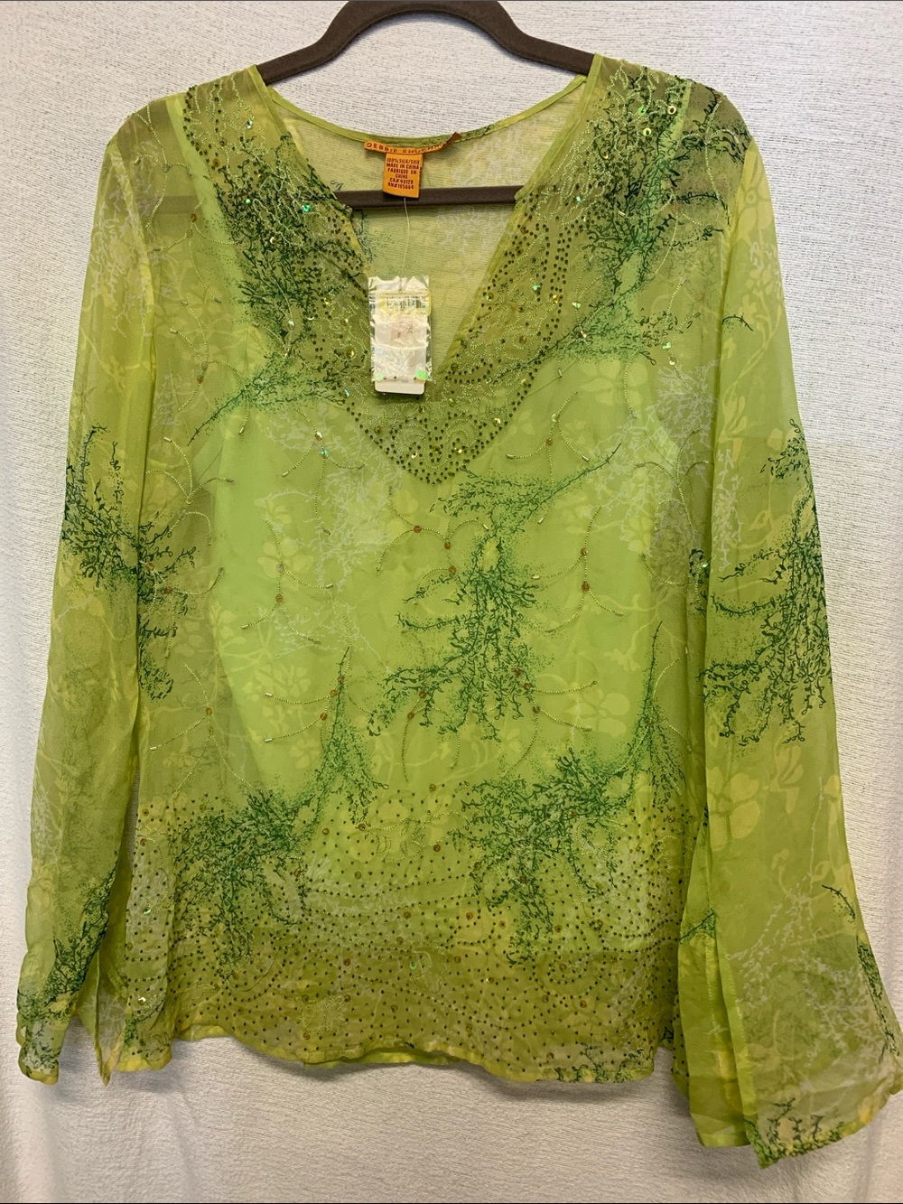 Debbie Shuchat Lime Green beaded 2-piece sequins V-Neck Women's Top NEW Size 14
